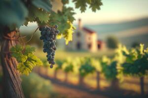 romántico ver desde un viñedo con uvas y vides ai generado foto