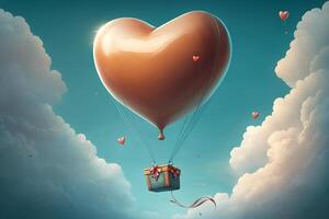 Beautiful red air balloon heart shape against blue sky. Romantic trip on Valentine's Day. Illustration photo