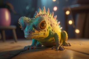 The Green Night A Cool Photorealistic Cartoon Chameleon in Front of Blurred Lights photo