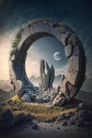 Mystical stone circle gateway to another dimension with stunning rocky landscape photo