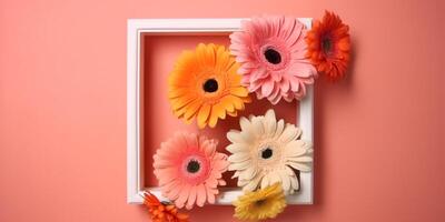 Pink Blooms in a White Frame Against a Pink Background photo