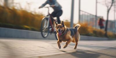 canino excursión en coche perro corriendo junto a propietario en bicicleta camino en ciudad ai generado foto