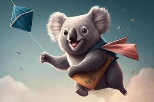 Koala flying a kite in the wind and clouds in autumn Content photo