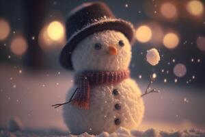 acogedor invierno noche un alegre pequeño monigote de nieve con sombrero y bufanda en un sereno invierno paisaje ai generado foto