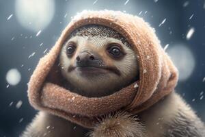 Cute sloth in hat and scarf in winter with snow photo