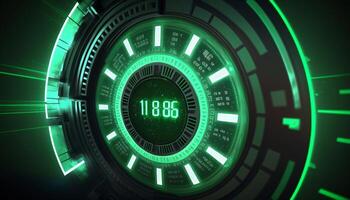 cronómetro de el futuro extraterrestre símbolos en digital monitor de hora cápsula durante hora viaje ai generado foto