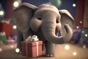 Little Cute Elephant Holding a Christmas Present with Joyful Expression photo