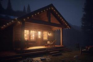 Enchanting Nighttime View of a Cozy Wooden Cabin in the Mountains photo