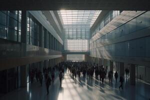 Bustling Conference Hall Waiting Area and Entrance Hall with Blurred Businesspeople Coming and Going in Bright Ambience photo