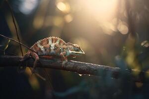 Camouflaged Chameleon Perched on Jungle Branch photo