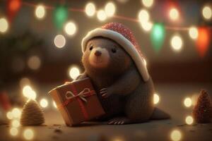 Adorable Mole with Christmas Hat and Present A Bokeh Holiday Delight photo