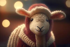 festivamente decorado, adorable pequeño oveja con Papa Noel sombrero en un Navidad escena ai generado foto