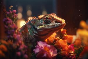 Colorful chameleon resting among vibrant flowers photo