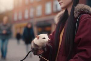Urban Adventure A Young Woman Taking Her Ferret for a Walk in the City photo
