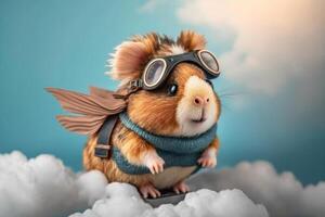 Cute funny illustration of flying guinea pig in fantasy world with clouds and blue sky photo