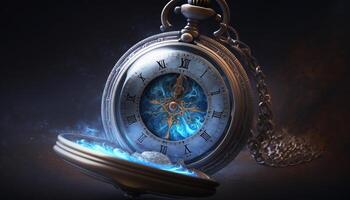 cronométrico portal místicamente brillante bolsillo reloj con cósmico remolinos ai generado foto