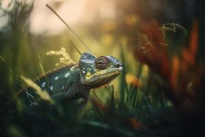 Camouflaged Chameleon Relaxing in Green Grass photo