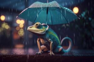 Rainy Day Chameleon A Photorealistic Cartoon Character with an Umbrella photo