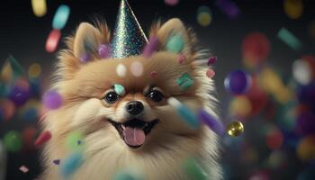 pomeranio cachorro fiestas resistente en sombrero en festivo ocasión ai generado foto