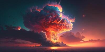 Dramatic sky with fiery sunset and orange clouds illustration photo