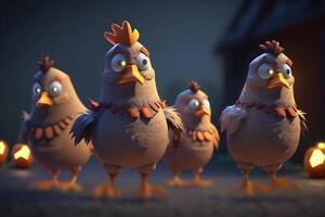 Flock of Young Chickens Gathering for Trick or Treat on Halloween photo