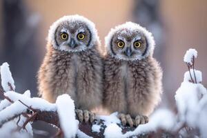 two owls covered with snow sit on a branch photo