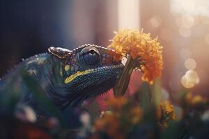 Colorful chameleon resting among vibrant flowers AI generated photo