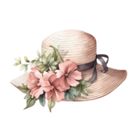 sommar hatt med blommor vattenfärg ClipArt ai genererad png