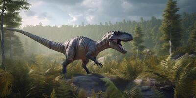 Roaming the Ancient Lands A Realistic Illustration Showcasing the Mighty Allosaurus in a Prehistoric Landscape photo