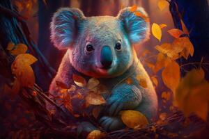 Koala in autumn between colorful leaves in the foliage Content photo