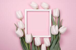 Empty white picture frame with pink tulips on a pink background photo