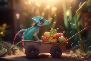 The vegetable harvester A funny photorealistic cartoon chameleon with a wheelbarrow full of vegetables photo