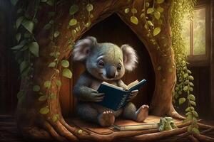 Koala sits in a tree house and reads a book Content photo
