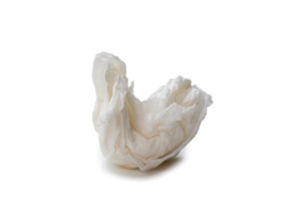 Single white screwed or crumpled tissue paper or napkin in strange shape after use in toilet or restroom isolated with clipping path and shadow in png file format