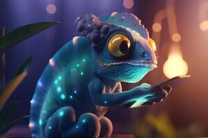 Charming Chameleon Checking its Tech A Photorealistic Cartoon Lizard on its Device photo