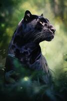 In the Jungle, the Mighty Panther Rests Amongst the Greenery An Aquarelle Painting AI generated photo