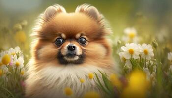 primavera felicidad adorable pomeranio perro en un campo de flores ai generado foto