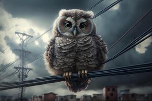 fluffy owl sits on a power line in a city photo