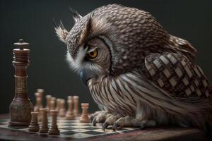 sly serious owl thinks and plays chess photo