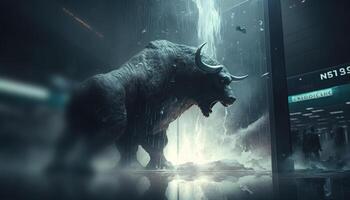 Tempestuous Crash A Mystical Image of a Furious Bull during a Stock Market Crash photo