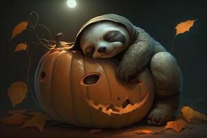 Exhausted tired sloth has fallen asleep on a Halloween pumpkin photo