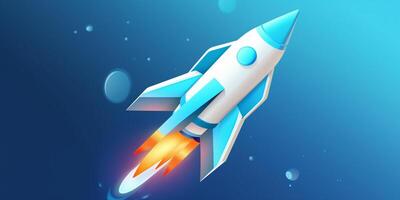 Symbolic 3D Rendering of White Rocket Model against Blue Background for Startup Concepts photo