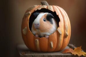 Funny guinea pig sits in the Halloween pumpkin and nibbles photo