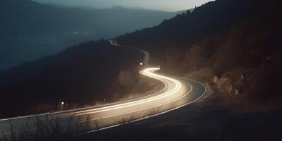 noche conducir en un curvilíneo montaña la carretera con largo exposición ligero caminos ai generado foto