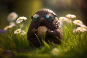 Illustration of funny mole with easter egg on a green meadow content photo