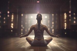 hallazgo paz dentro mujer meditando en con las piernas cruzadas yoga actitud ai generado foto