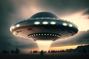 UFO an alien saucer hovering above the field in the clouds photo