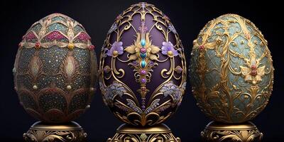 admirar el opulencia de ruso fabergé huevos con oro detallado ai generado foto