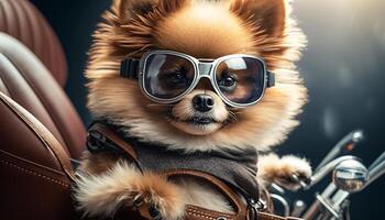 montando escopeta adorable pomeranio perro con aviador gafas de protección en un motocicleta sidecar ai generado foto