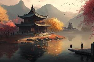 vistoso otoño pagoda templo en encantador alrededores ai generado foto